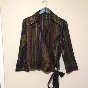 Roman metallic stripe purple and  green wrap satin blouse